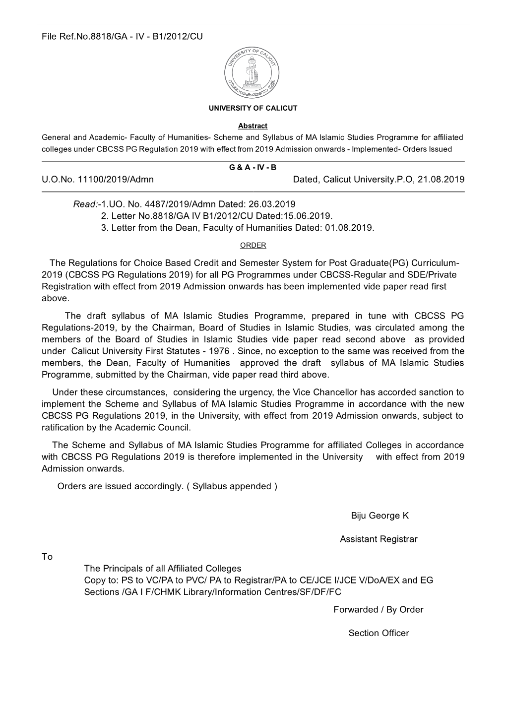 Syllabus of MA Islamic Studies Programme for Affiliated Colleges Under CBCSS PG Regulation 2019 with Effect from 2019 Admission Onwards - Implemented- Orders Issued