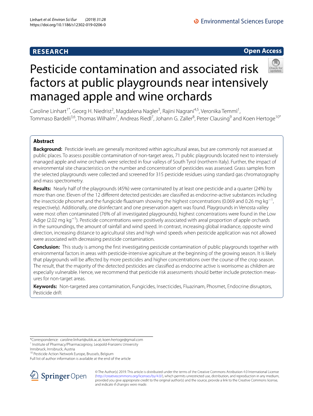 Pesticide Contamination and Associated Risk Factors at Public Playgrounds Near Intensively Managed Apple and Wine Orchards Caroline Linhart1*, Georg H