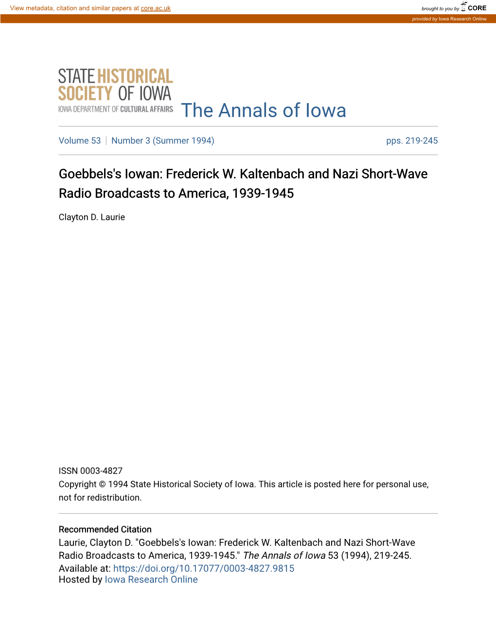 Goebbels's Iowan: Frederick W. Kaltenbach and Nazi Short-Wave Radio Broadcasts to America, 1939-1945