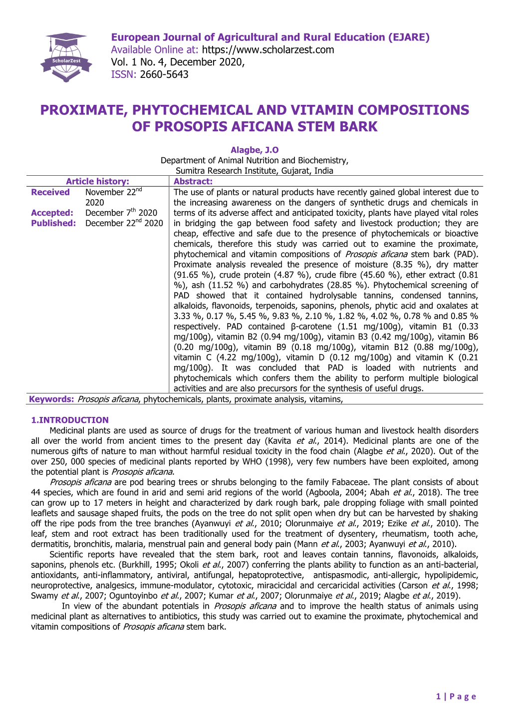 Proximate, Phytochemical and Vitamin Compositions of Prosopis Aficana Stem Bark