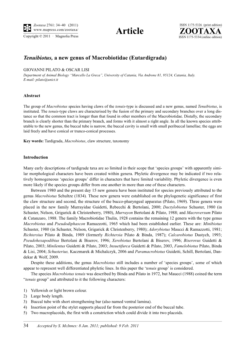 Tenuibiotus, a New Genus of Macrobiotidae (Eutardigrada)