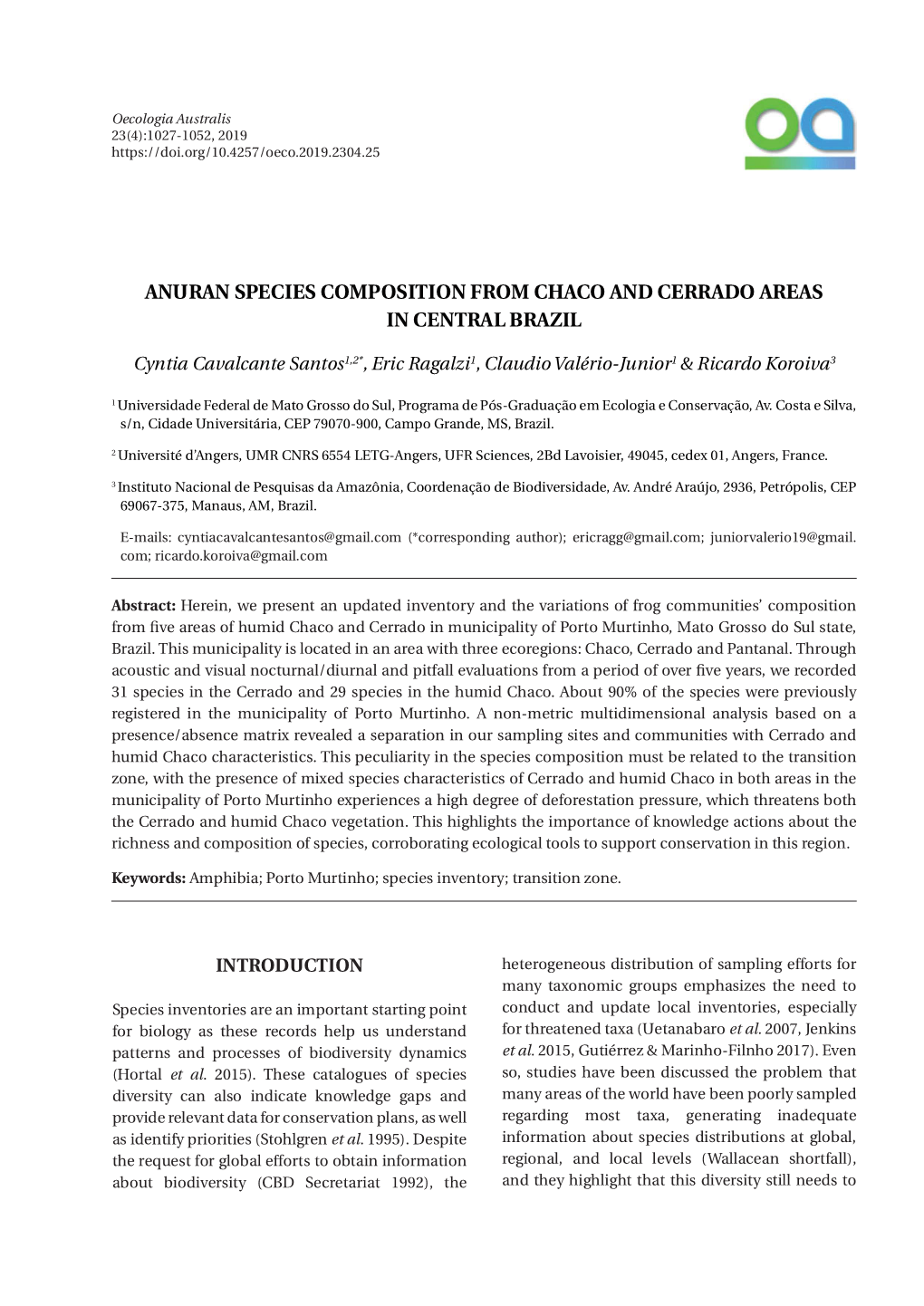 Anuran SPECIES Composition from Chaco and Cerrado Areas in Central Brazil