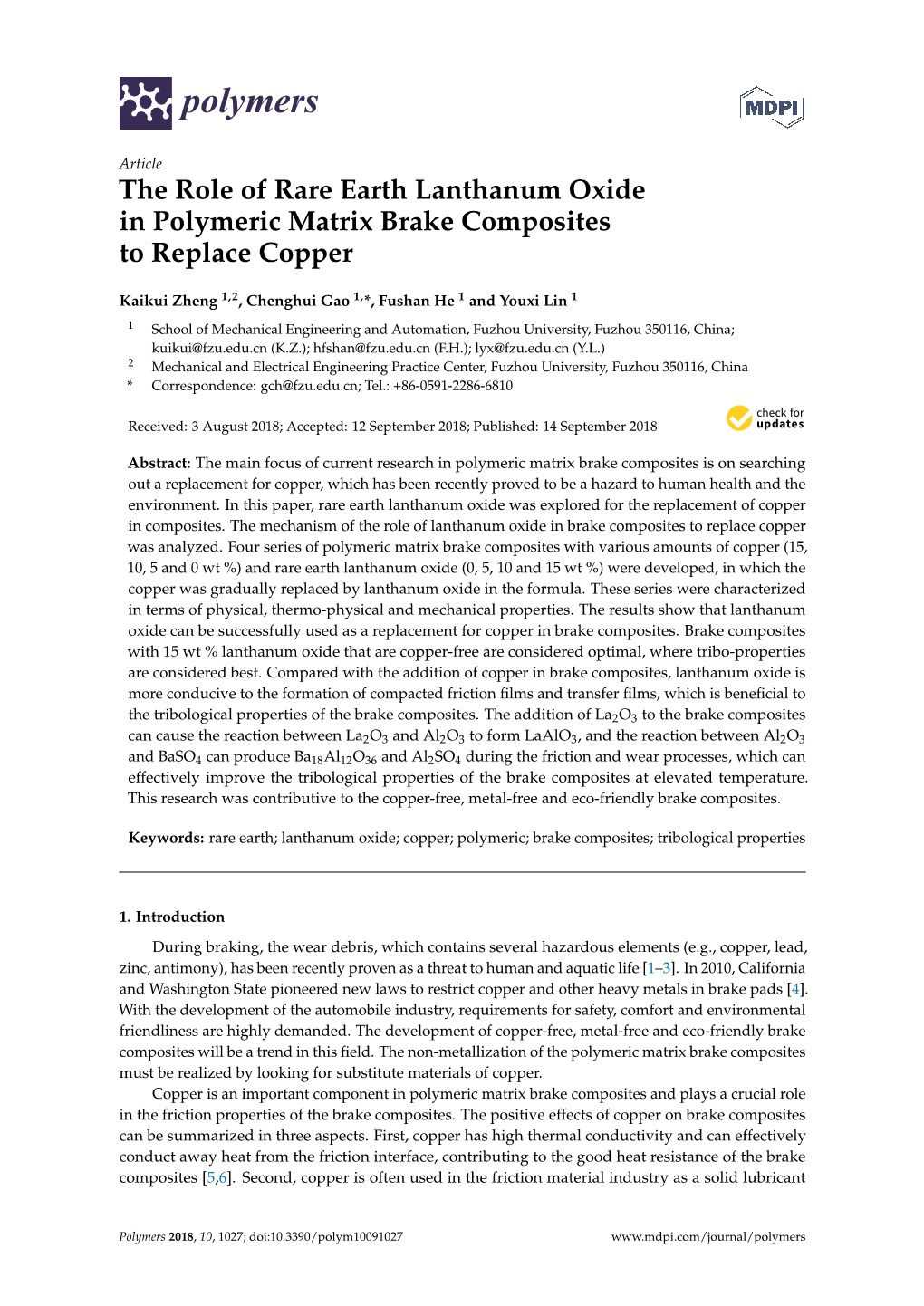 The Role of Rare Earth Lanthanum Oxide in Polymeric Matrix Brake Composites to Replace Copper