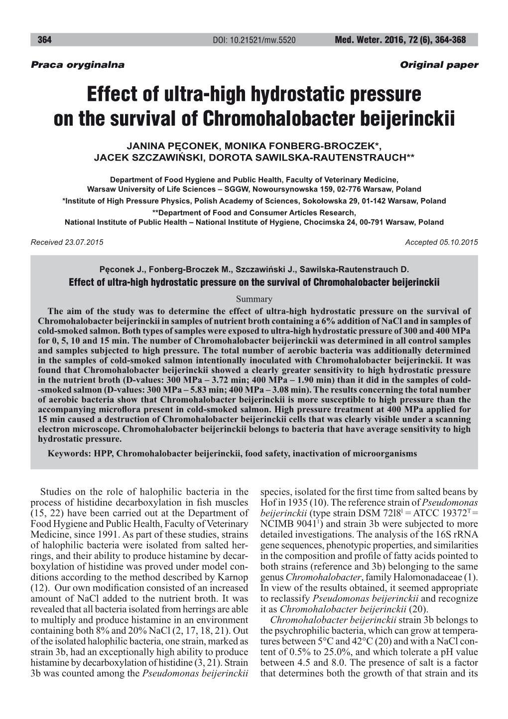 Effect of Ultra-High Hydrostatic Pressure on the Survival of Chromohalobacter Beijerinckii