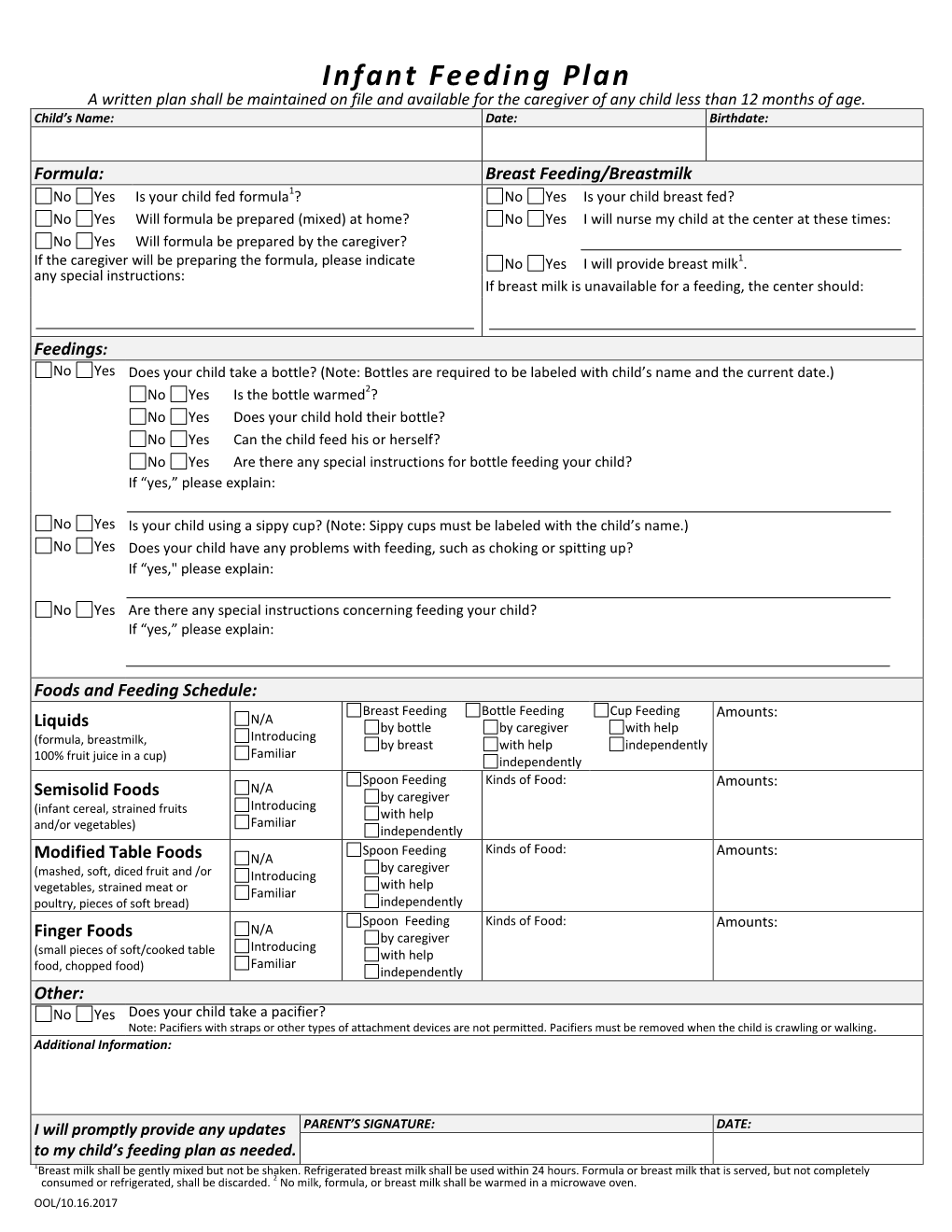 Infant Feeding Plan a Written Plan Shall Be Maintained on File and Available for the Caregiver of Any Child Less Than 12 Months of Age