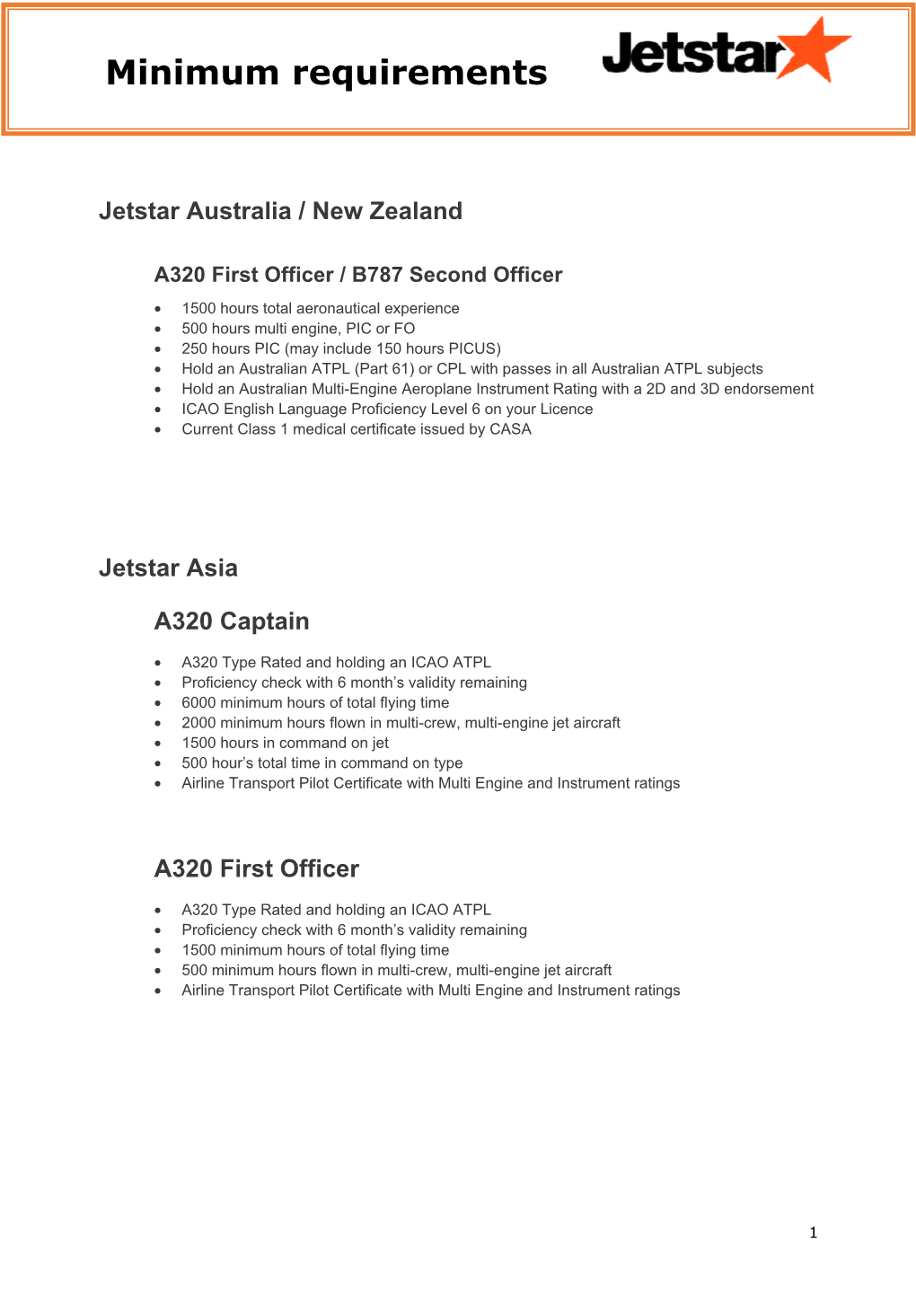 Jetstar Direct Entry Pilot Minimum Requirements