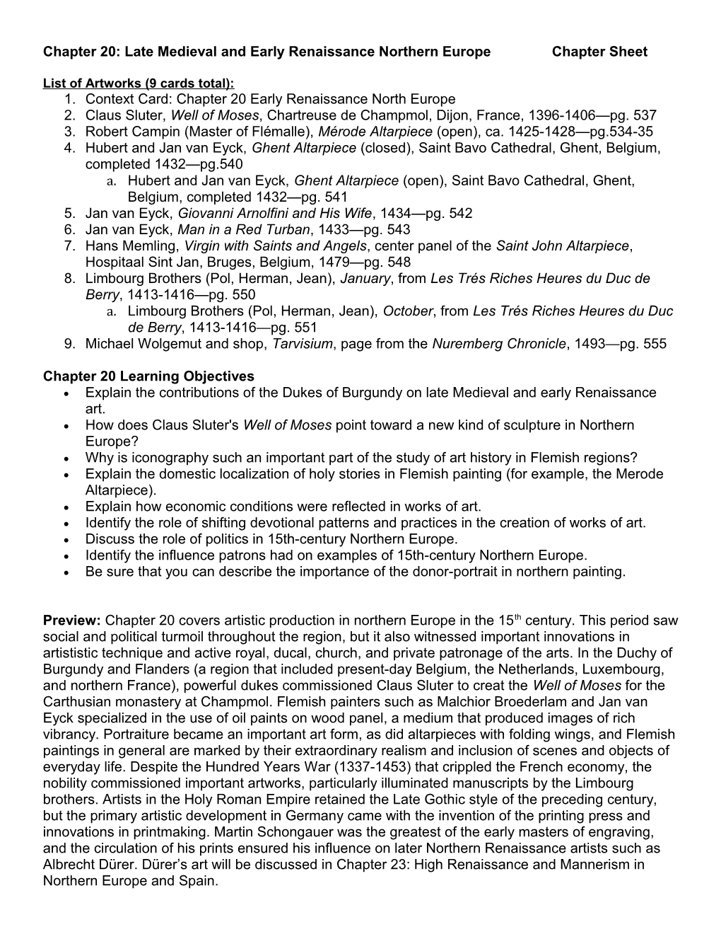 Chapter 20: Late Medieval and Early Renaissance Northern Europe Chapter Sheet