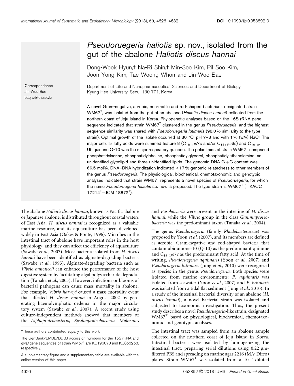 Pseudoruegeria Haliotis Sp. Nov., Isolated from the Gut of the Abalone Haliotis Discus Hannai