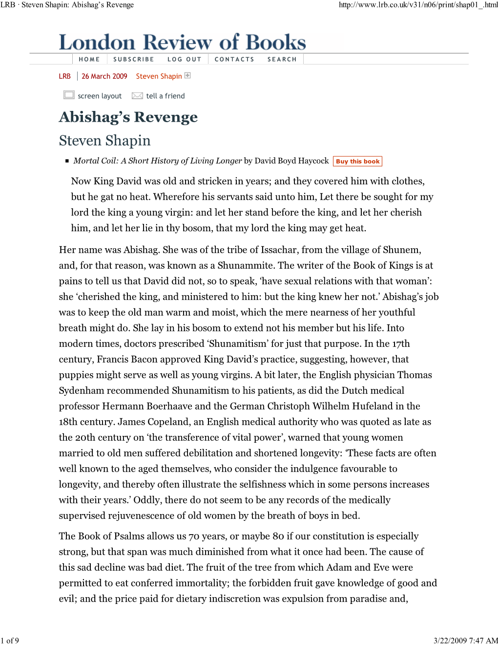 LRB · Steven Shapin: Abisha