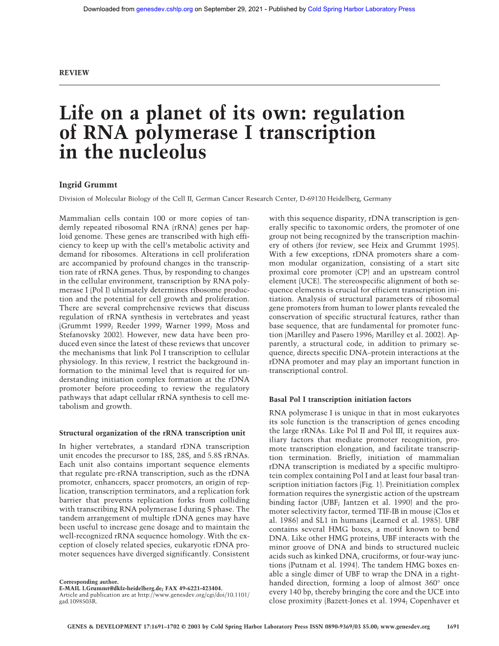 Regulation of RNA Polymerase I Transcription in the Nucleolus