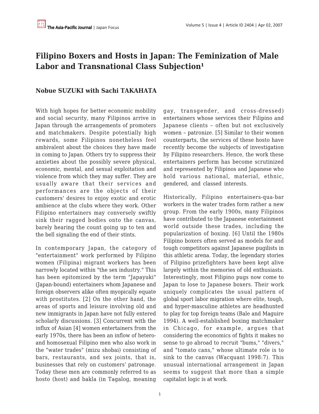Filipino Boxers and Hosts in Japan: the Feminization of Male Labor and Transnational Class Subjection¹