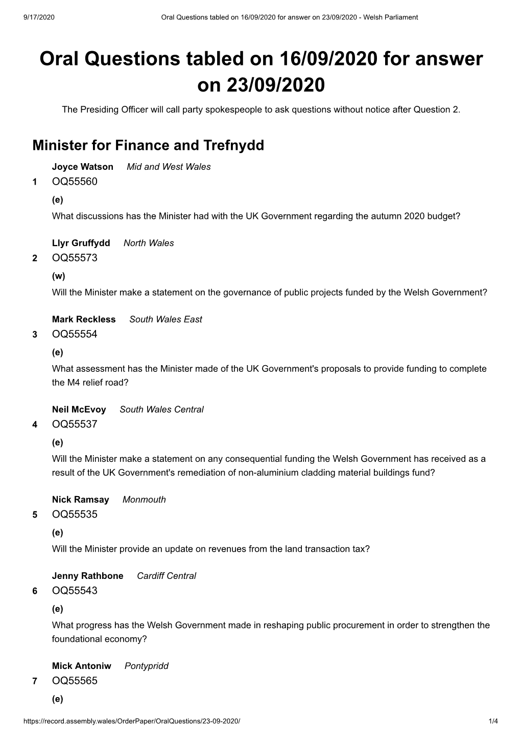 Oral Questions Tabled on 16/09/2020 for Answer on 23/09/2020 - Welsh Parliament