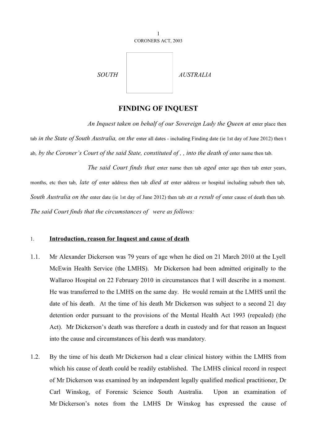 Finding of Inquest - Alexander Charles Dickerson