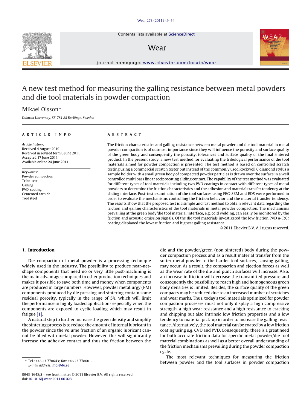 A New Test Method for Measuring the Galling Resistance Between Metal Powders and Die Tool Materials in Powder Compaction