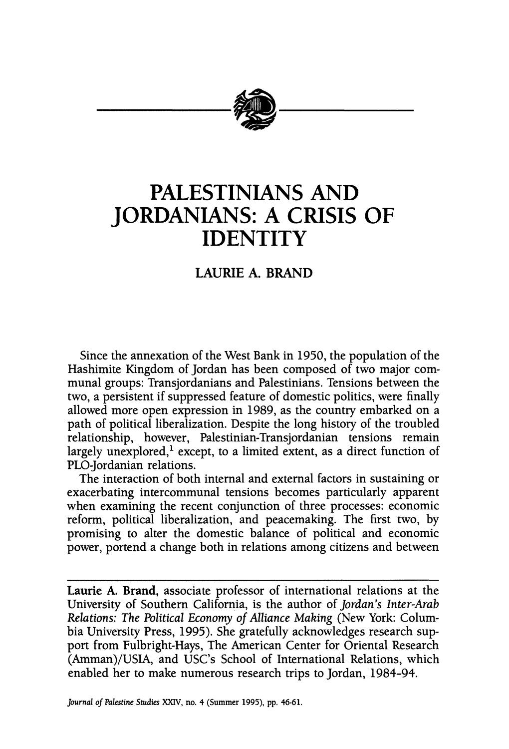 Palestinians and Jordanians: a Crisis of Identity