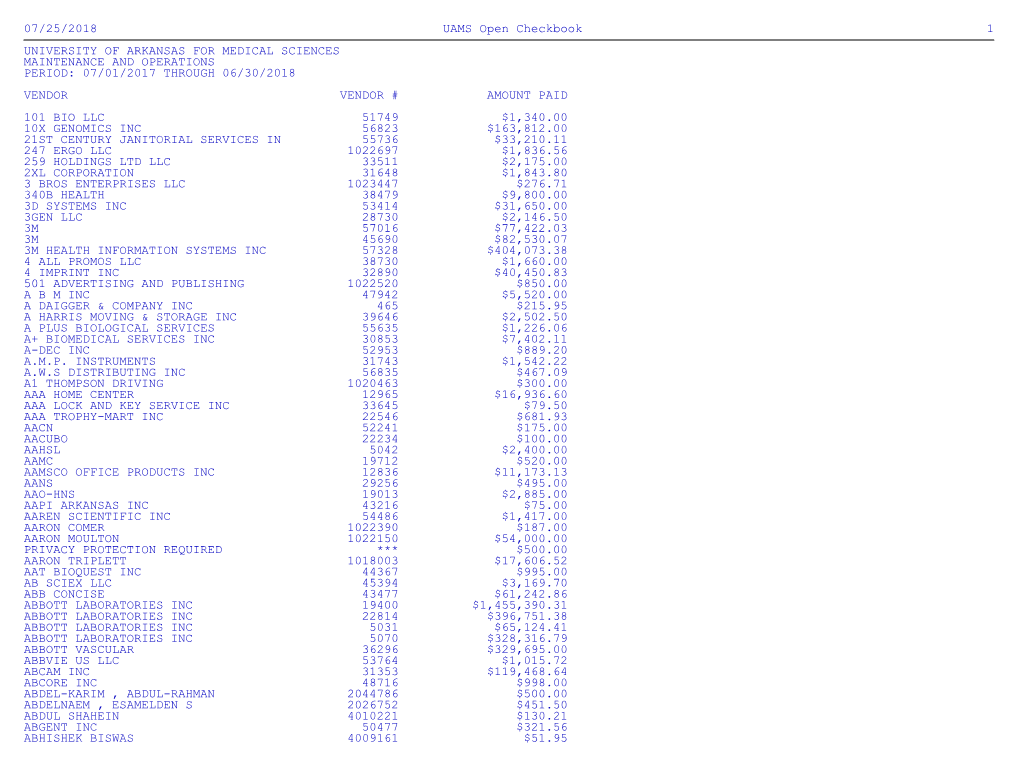 07/25/2018 UAMS Open Checkbook 1 UNIVERSITY of ARKANSAS FOR