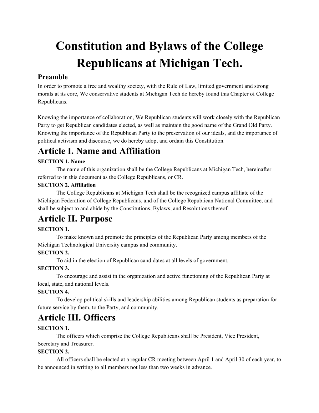 Constitution and Bylaws of the College Republicans at Michigan Tech