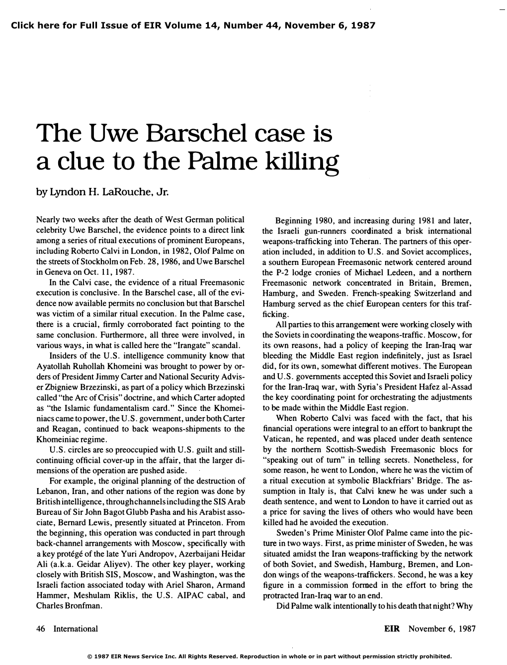 The Uwe Barschel Case Is a Clue to the Palme Killing