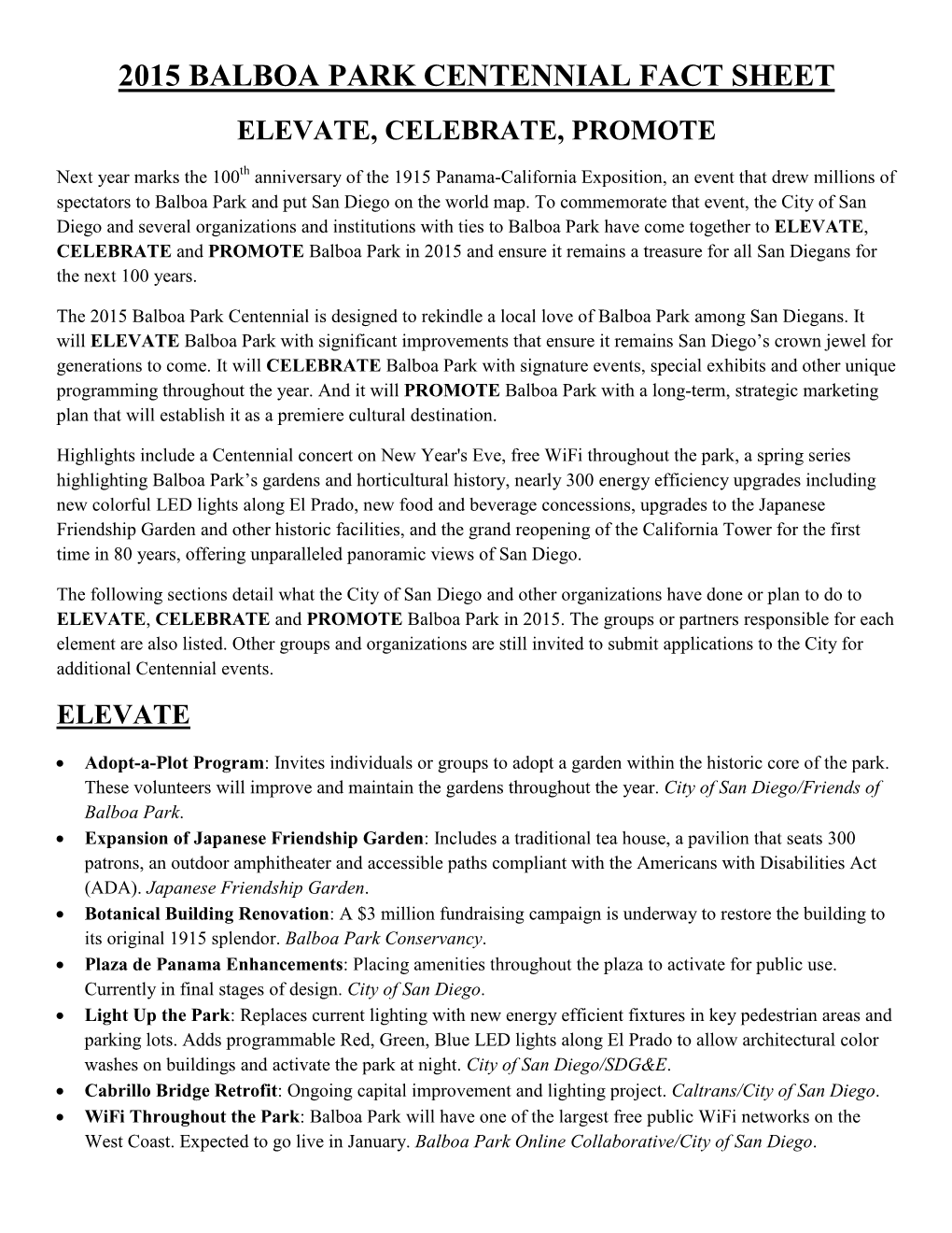 2015 Balboa Park Centennial Fact Sheet Elevate, Celebrate, Promote