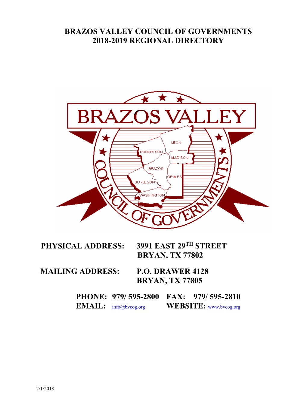 Brazos Valley Council of Governments 2018-2019 Regional Directory