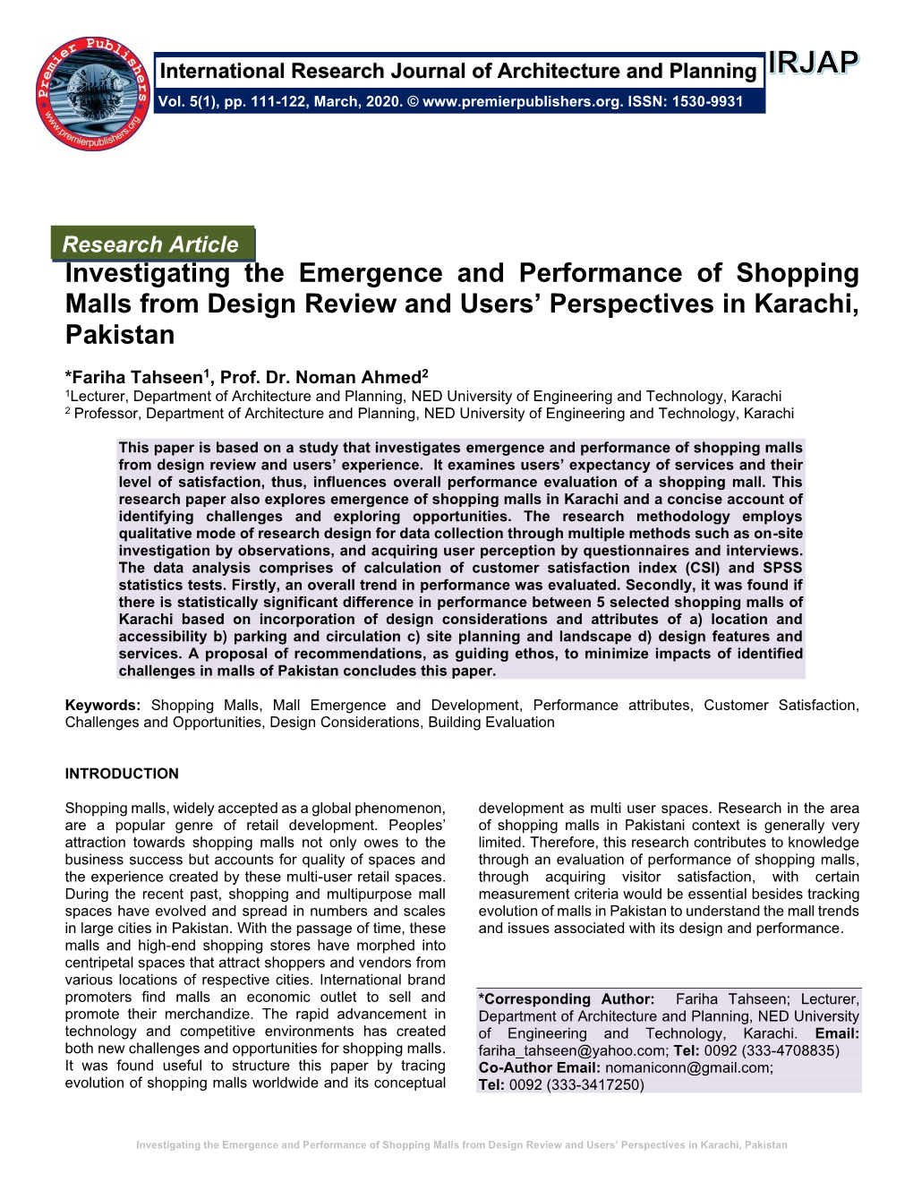 Investigating the Emergence and Performance of Shopping Malls from Design Review and Users’ Perspectives in Karachi, Pakistan