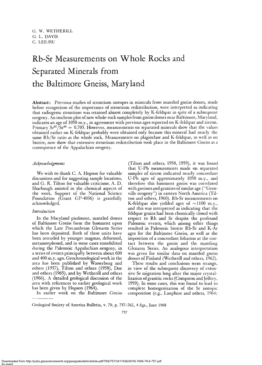 G. W. WETHERILL G. L. DAVIS C. LEE-HU Rb-Sr Measurements On