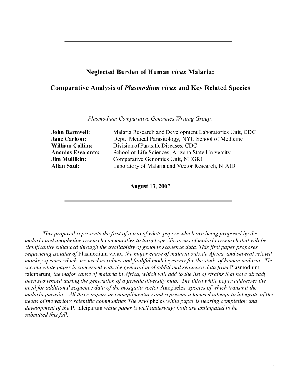 Comparative Analysis of Plasmodium Vivax and Key Related Species