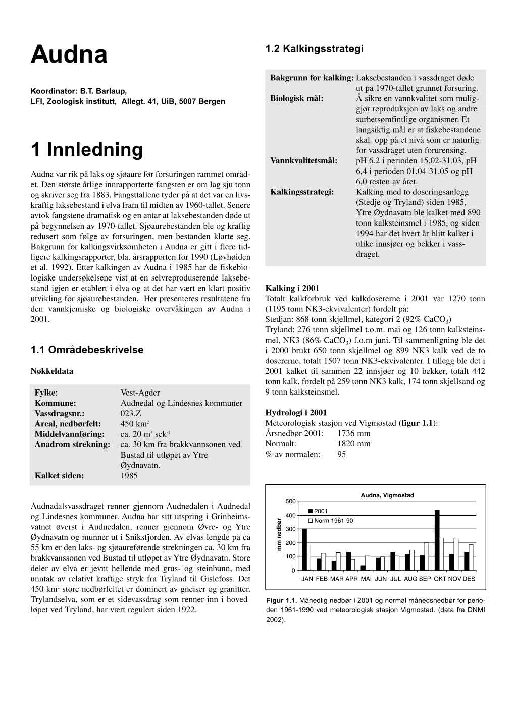 Audna 1.2 Kalkingsstrategi Bakgrunn for Kalking: Laksebestanden I Vassdraget Døde Koordinator: B.T
