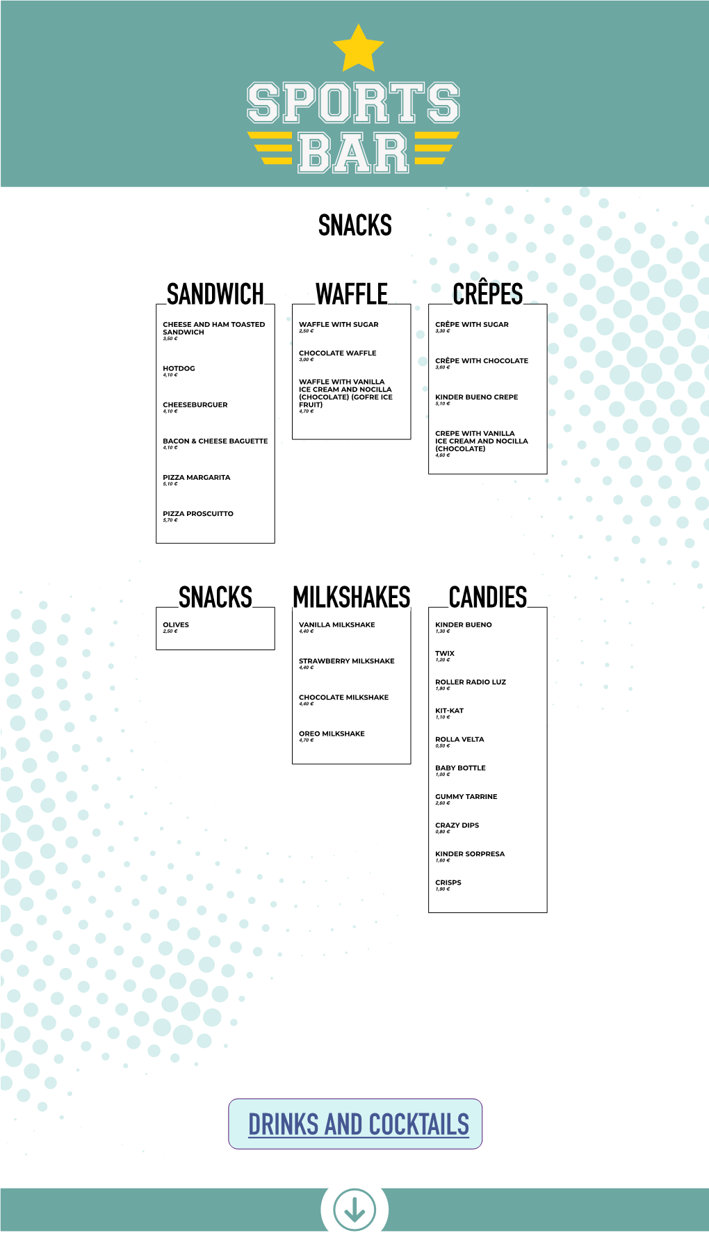 Sandwich Waffle Crêpes Snacks Milkshakes Candies