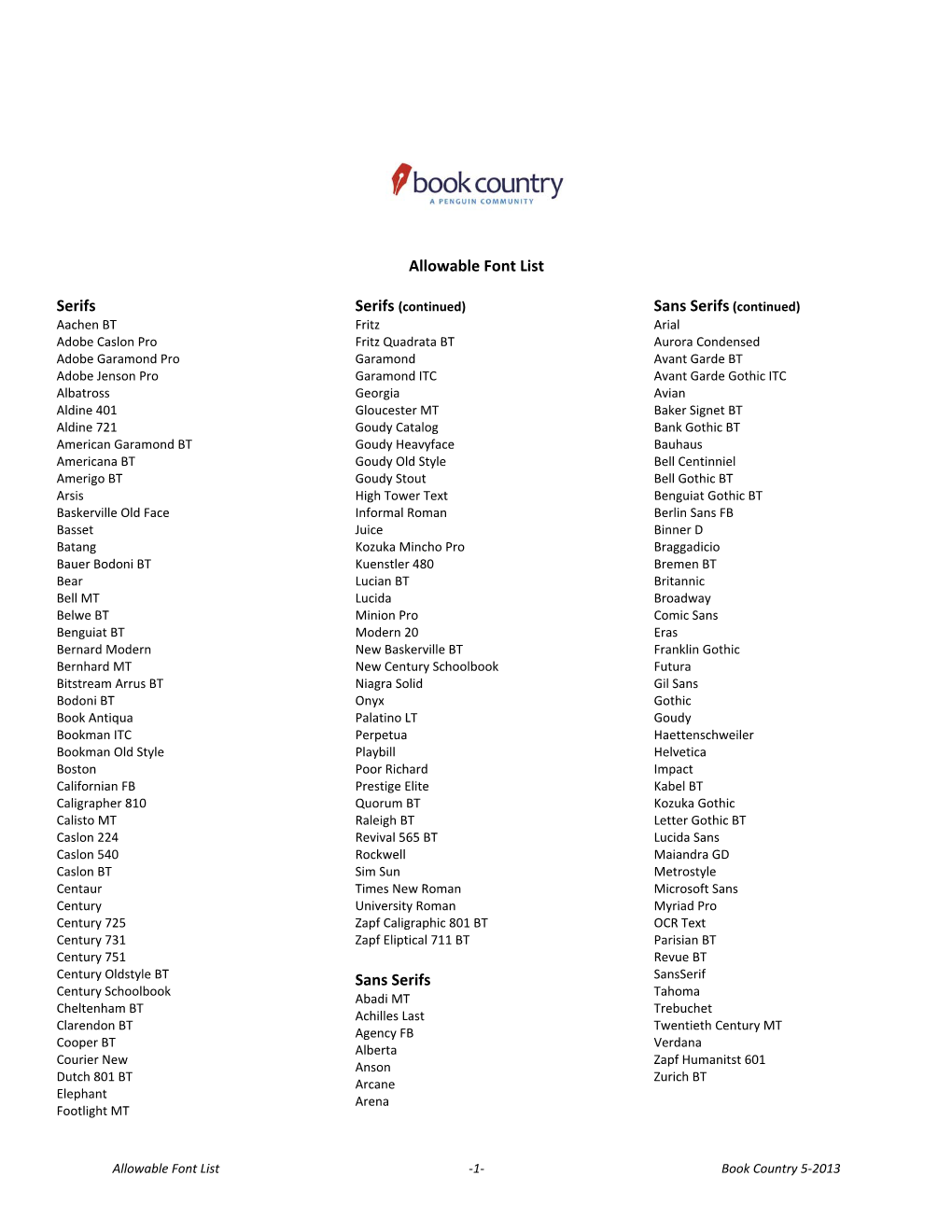 Allowable Font List Serifs Sans Serifs Sans Serifs