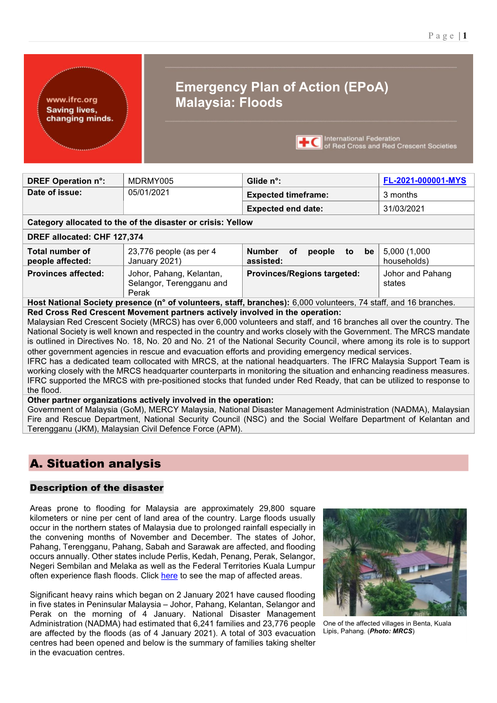 Emergency Plan of Action (Epoa) Malaysia: Floods