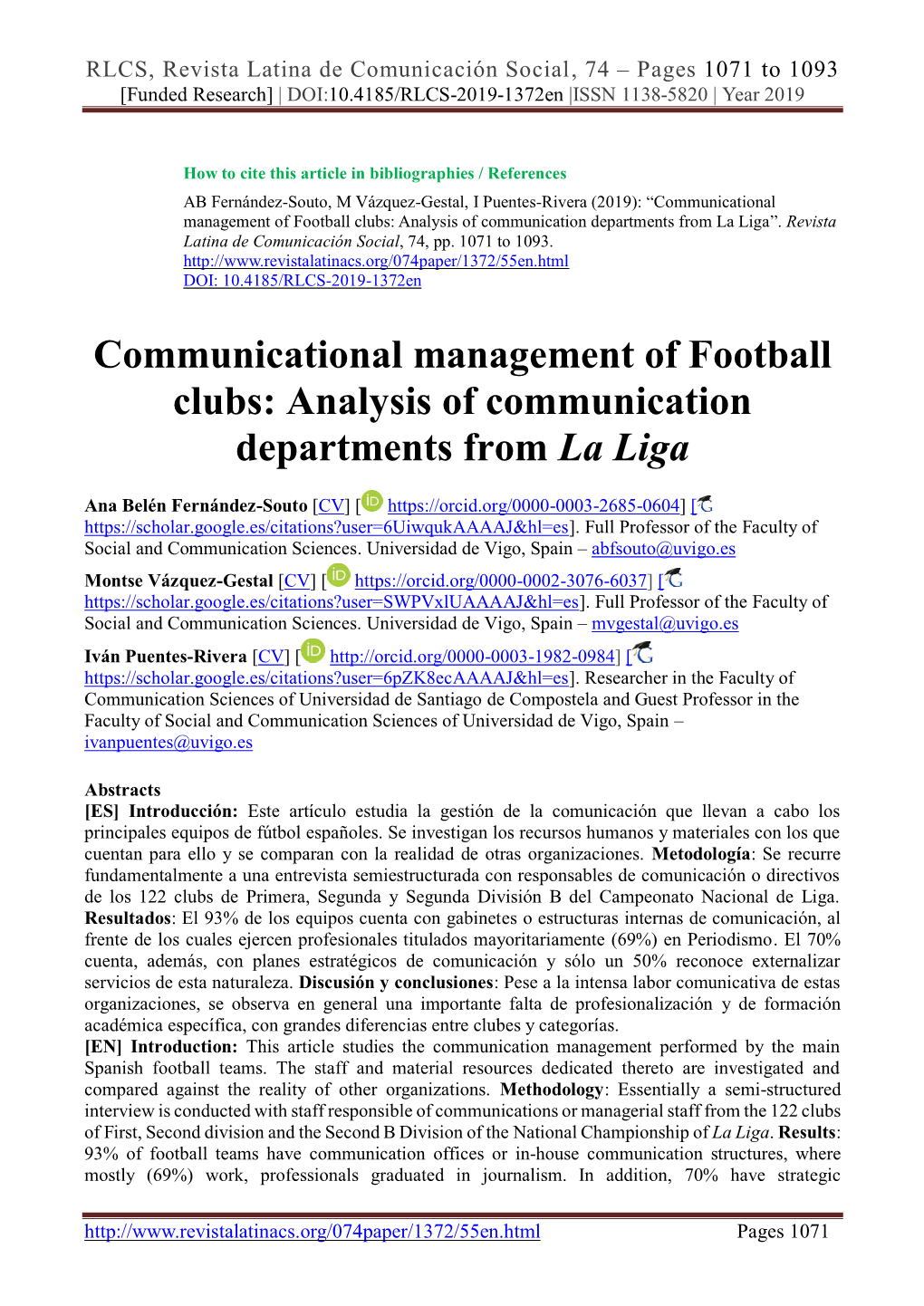 Communicational Management of Football Clubs: Analysis of Communication Departments from La Liga”