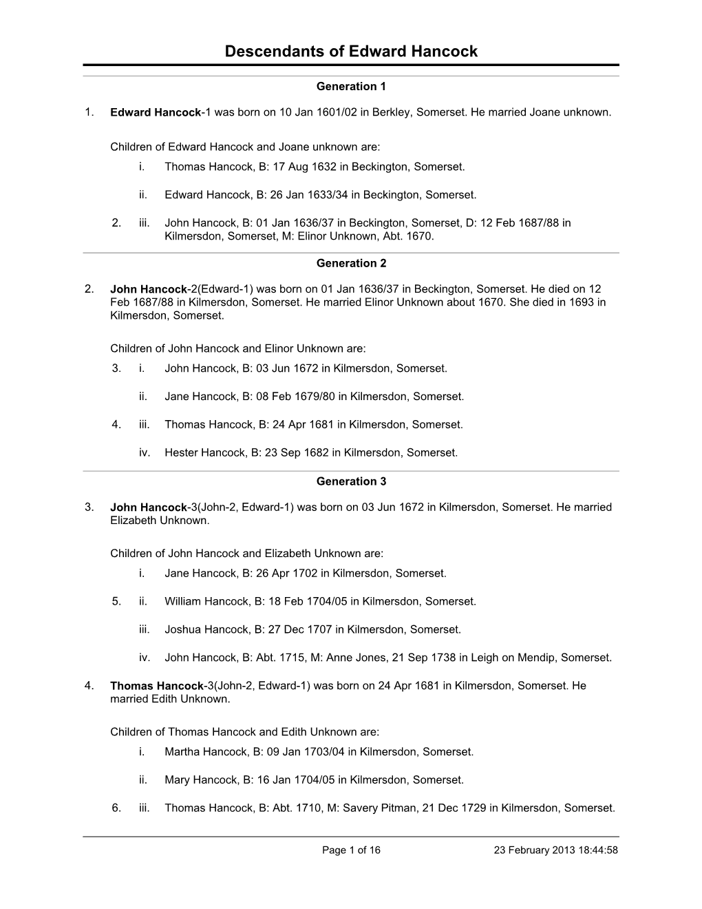 Hancock Genealogy