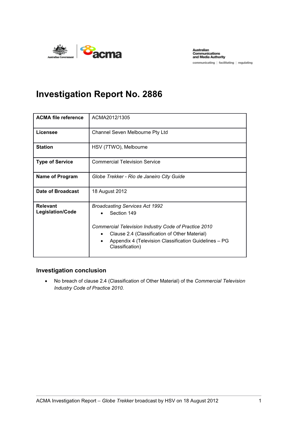 HSV 7TWO - ACMA Investigation Report 2886