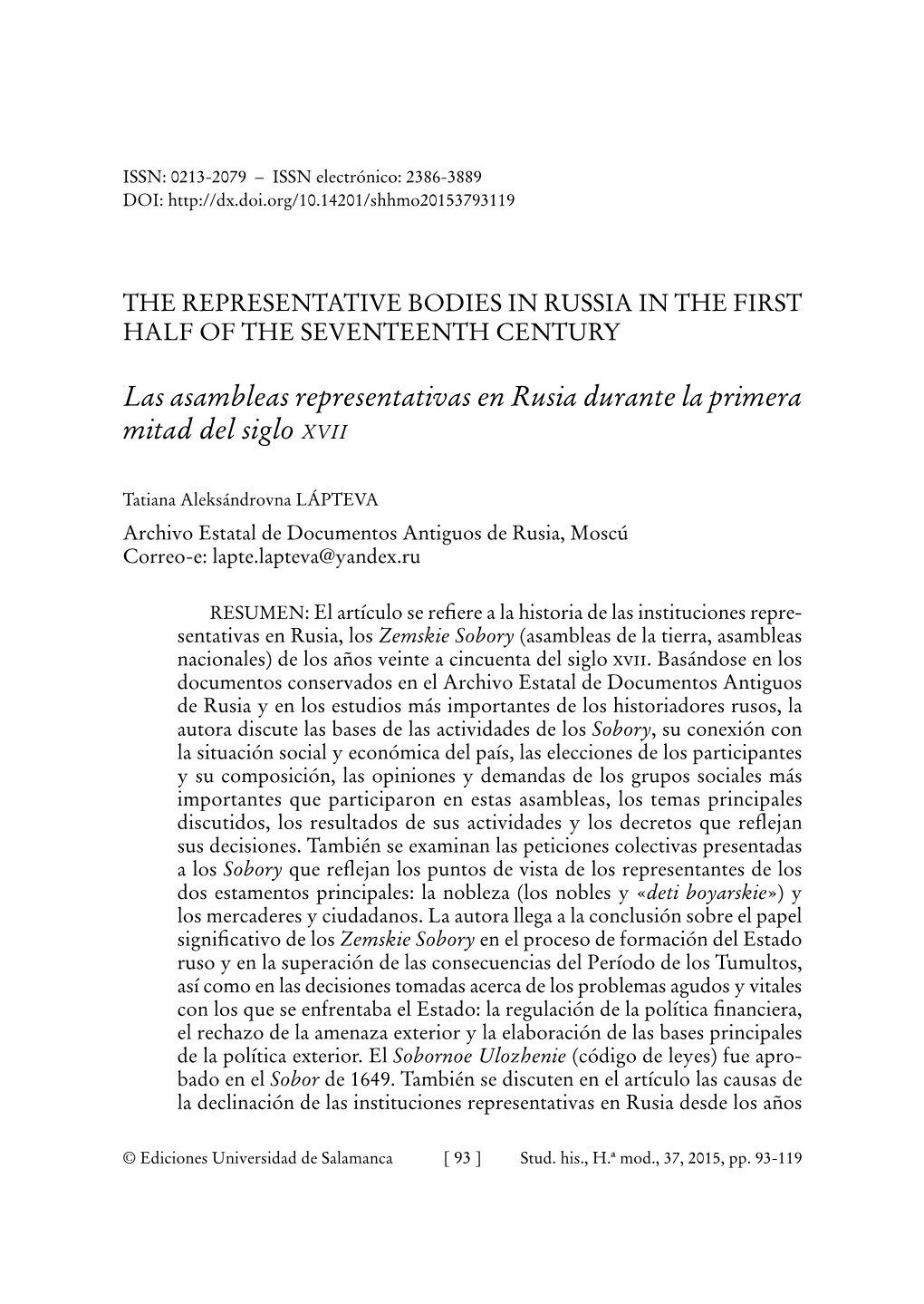The Representative Bodies in Russia in the First Half of the Seventeenth Century