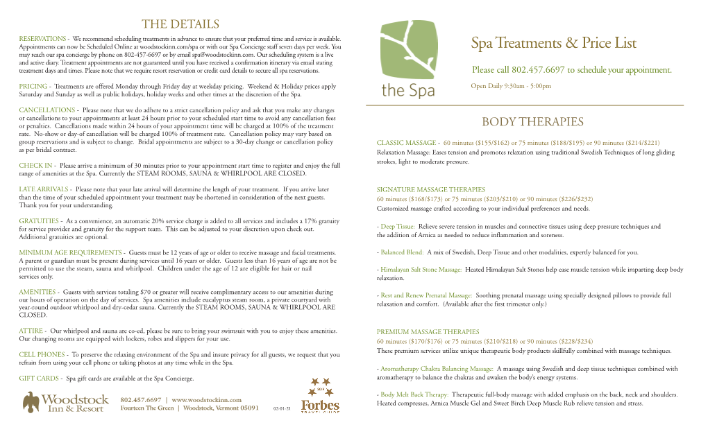 Spa Treatments & Price List