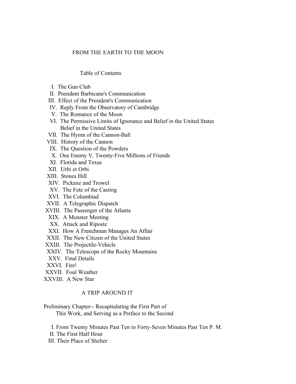 FROM the EARTH to the MOON Table of Contents I. the Gun Club II. President Barbicane's Communication III. Effect of the Presi