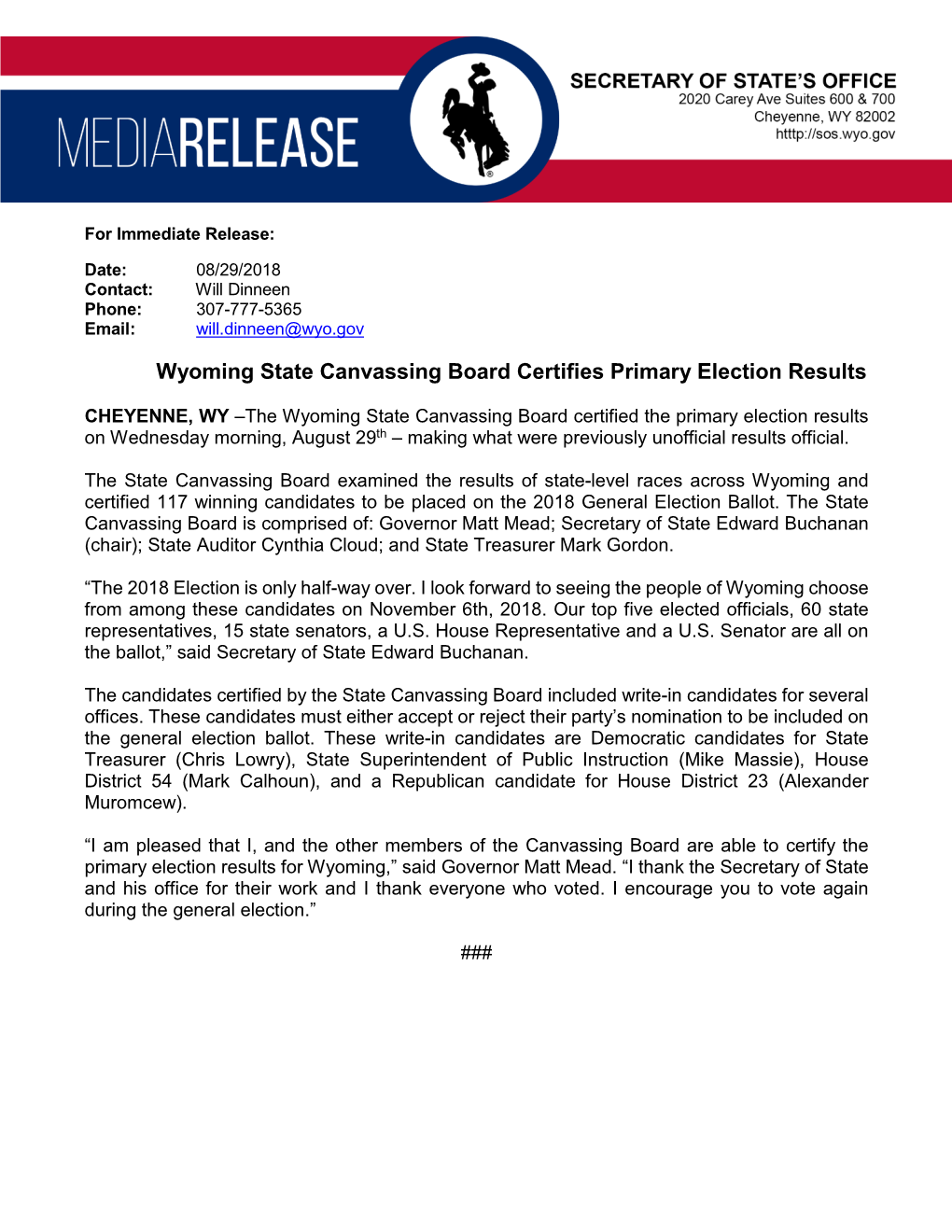 Wyoming State Canvassing Board Certifies Primary Election Results