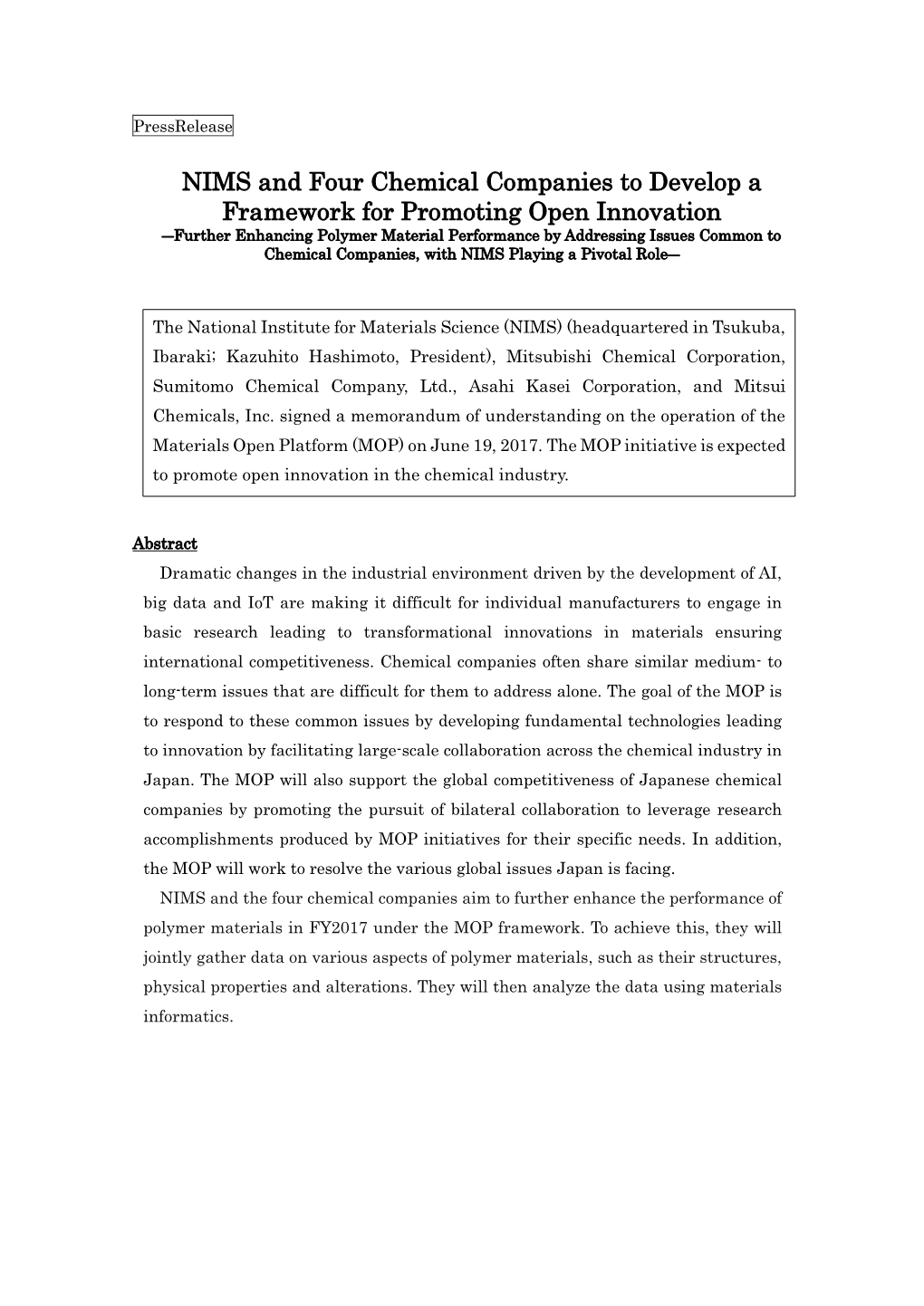 NIMS and Four Chemical Companies to Develop a Framework for Promoting Open Innovation