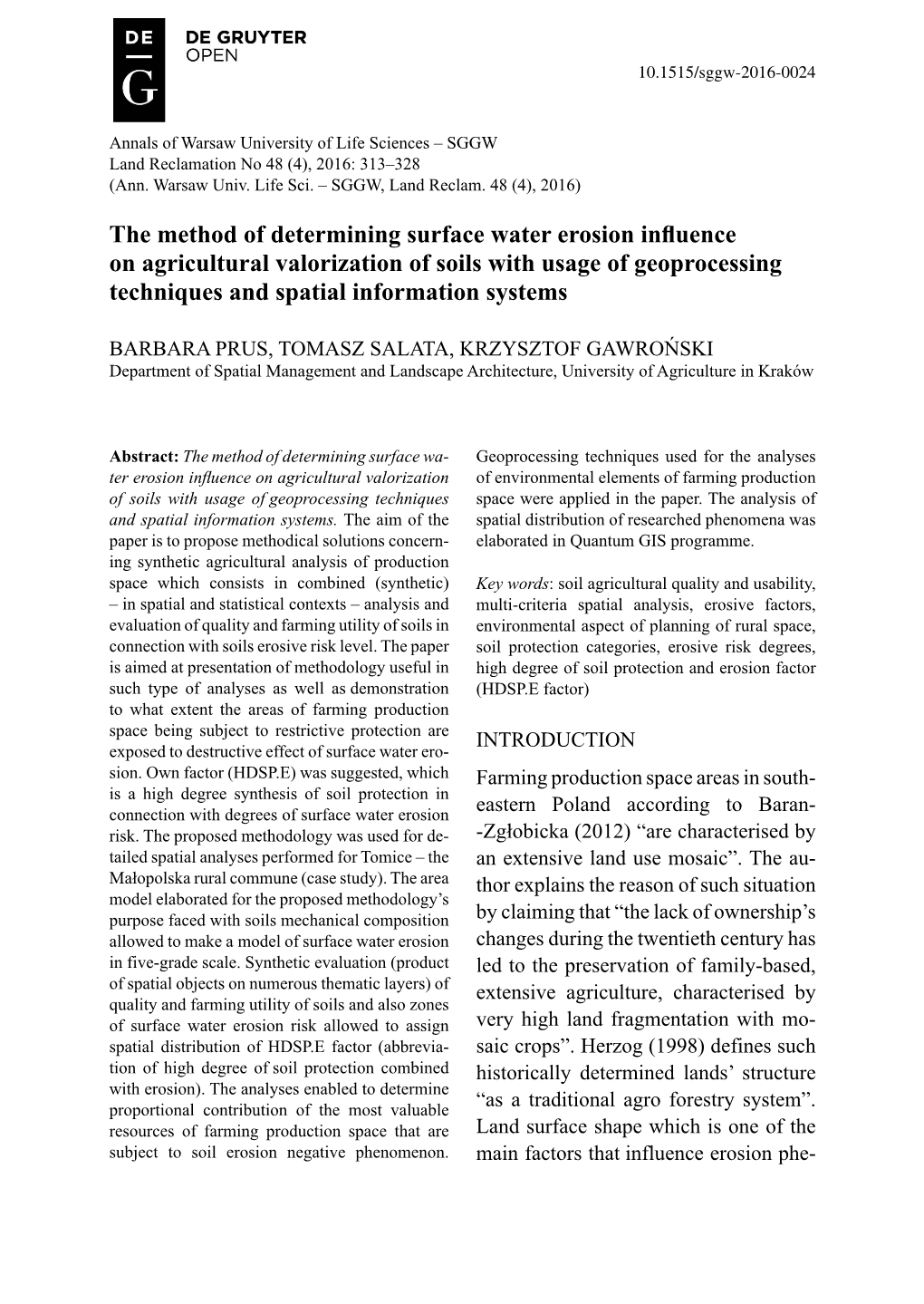 The Method of Determining Surface Water Erosion Influence On