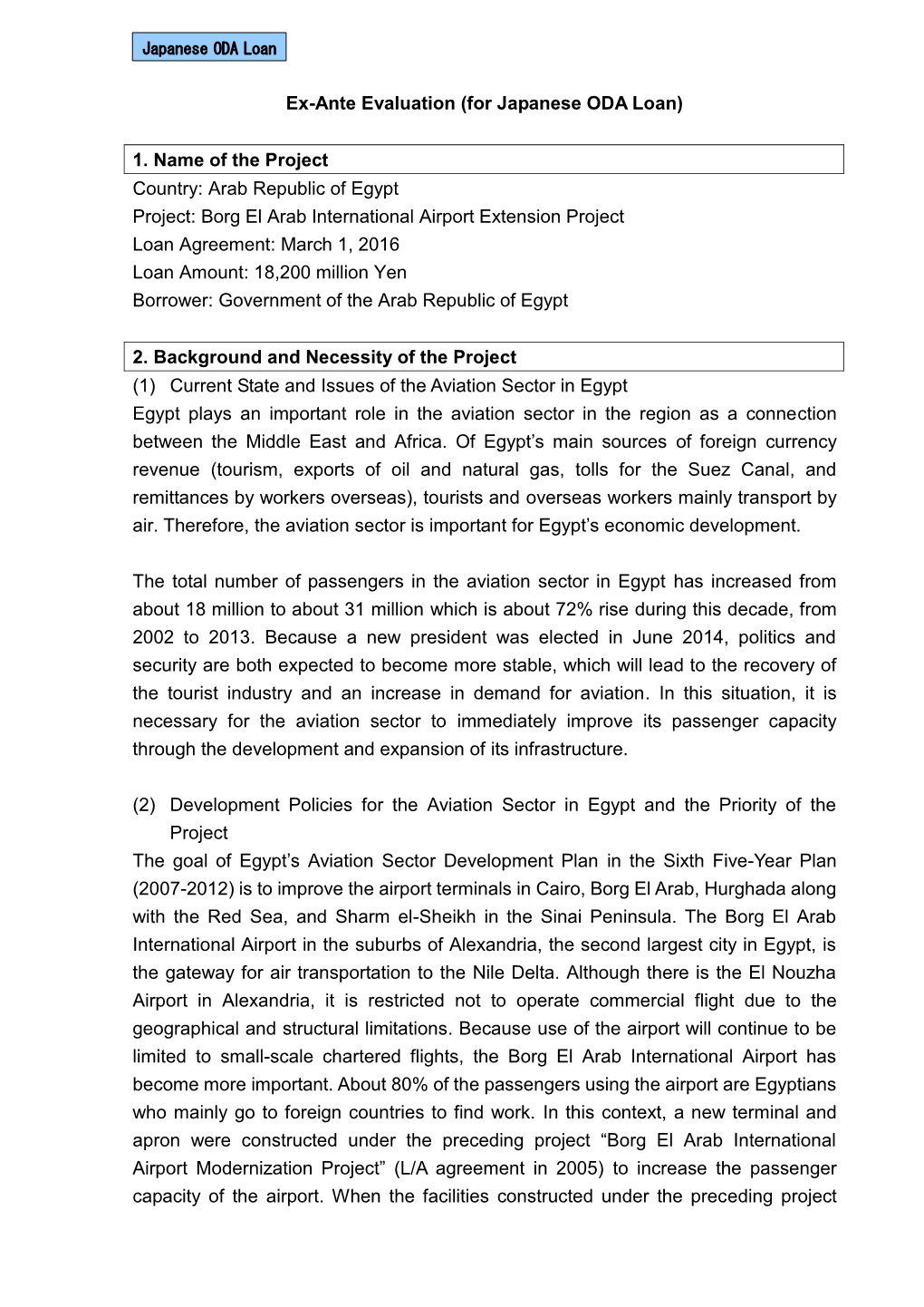 Borg El Arab International Airport Extension Project Loan Agreement: March 1, 2016 Loan Amount: 18,200 Million Yen Borrower: Government of the Arab Republic of Egypt