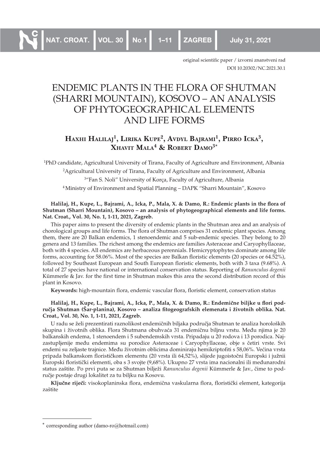 Endemic Plants in the Flora of Shutman (Sharri Mountain), Kosovo – an Analysis of Phytogeographical Elements and Life Forms