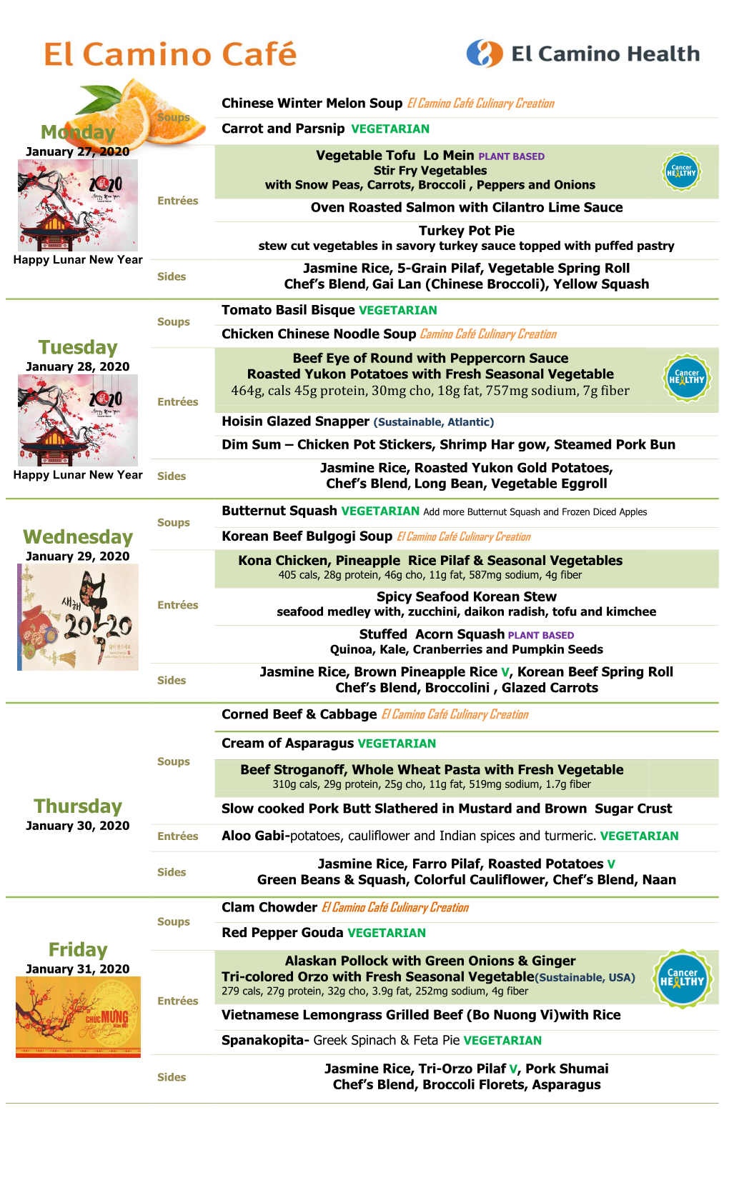 El Camino Health El Camino Hospital Mountain View- El Camino Cafe Menu for the Week of 1/27/2020