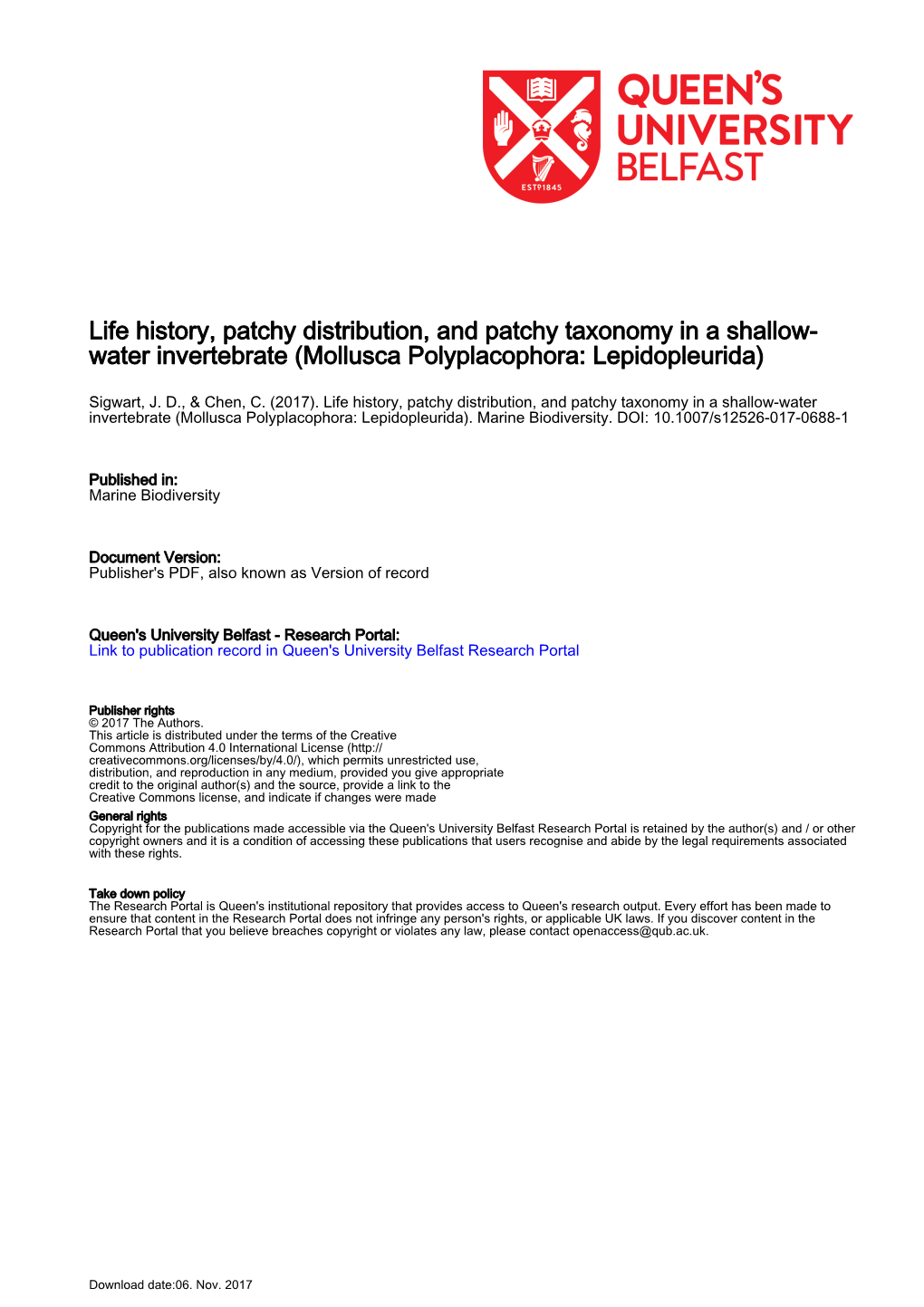 Life History, Patchy Distribution, and Patchy Taxonomy in a Shallow- Water Invertebrate (Mollusca Polyplacophora: Lepidopleurida)