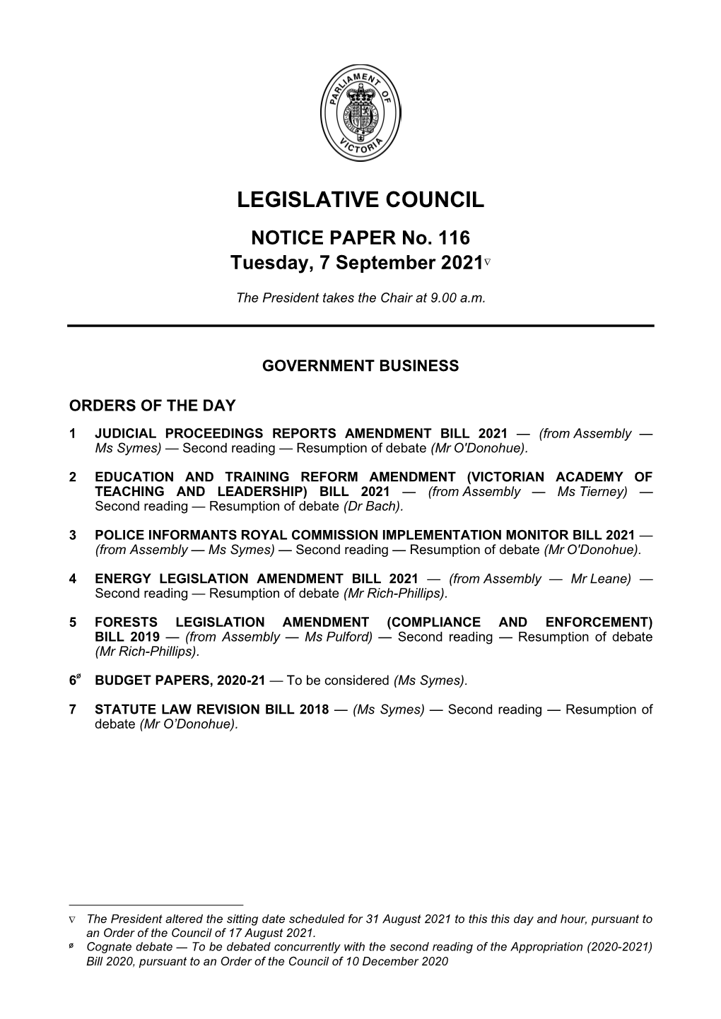 LEGISLATIVE COUNCIL NOTICE PAPER No