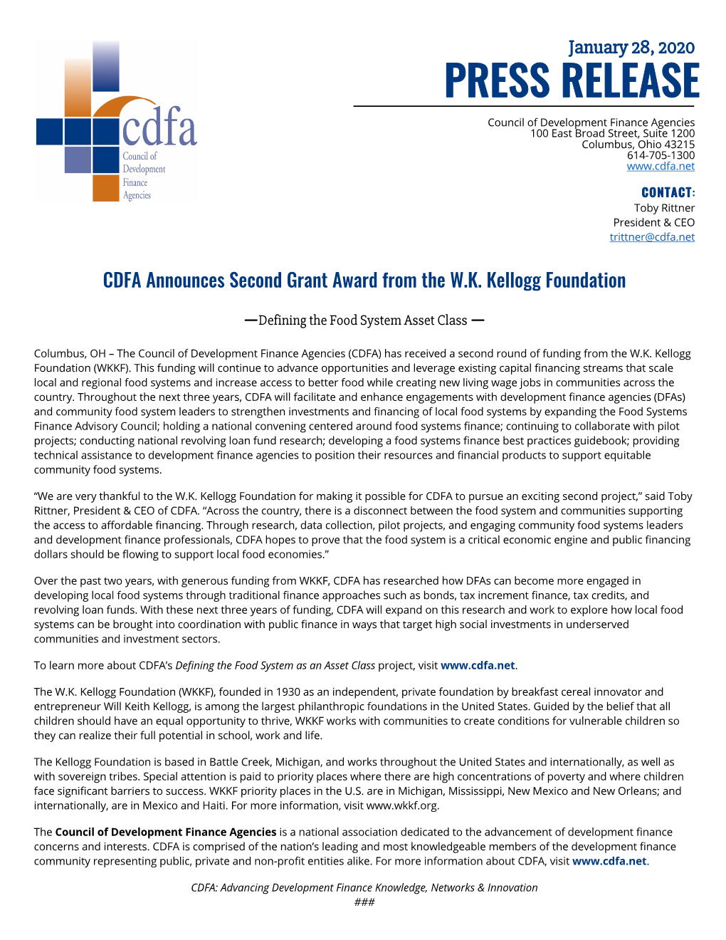 CDFA Announces Second Grant Award from the W.K. Kellogg Foundation