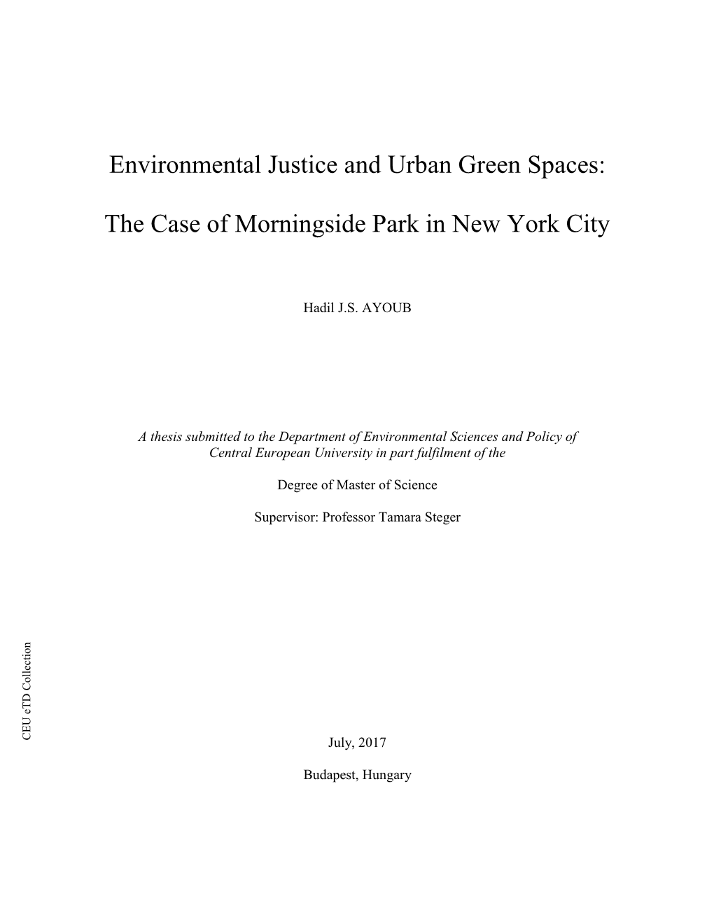 Environmental Justice and Urban Green Spaces: the Case of Morningside Park in New York City