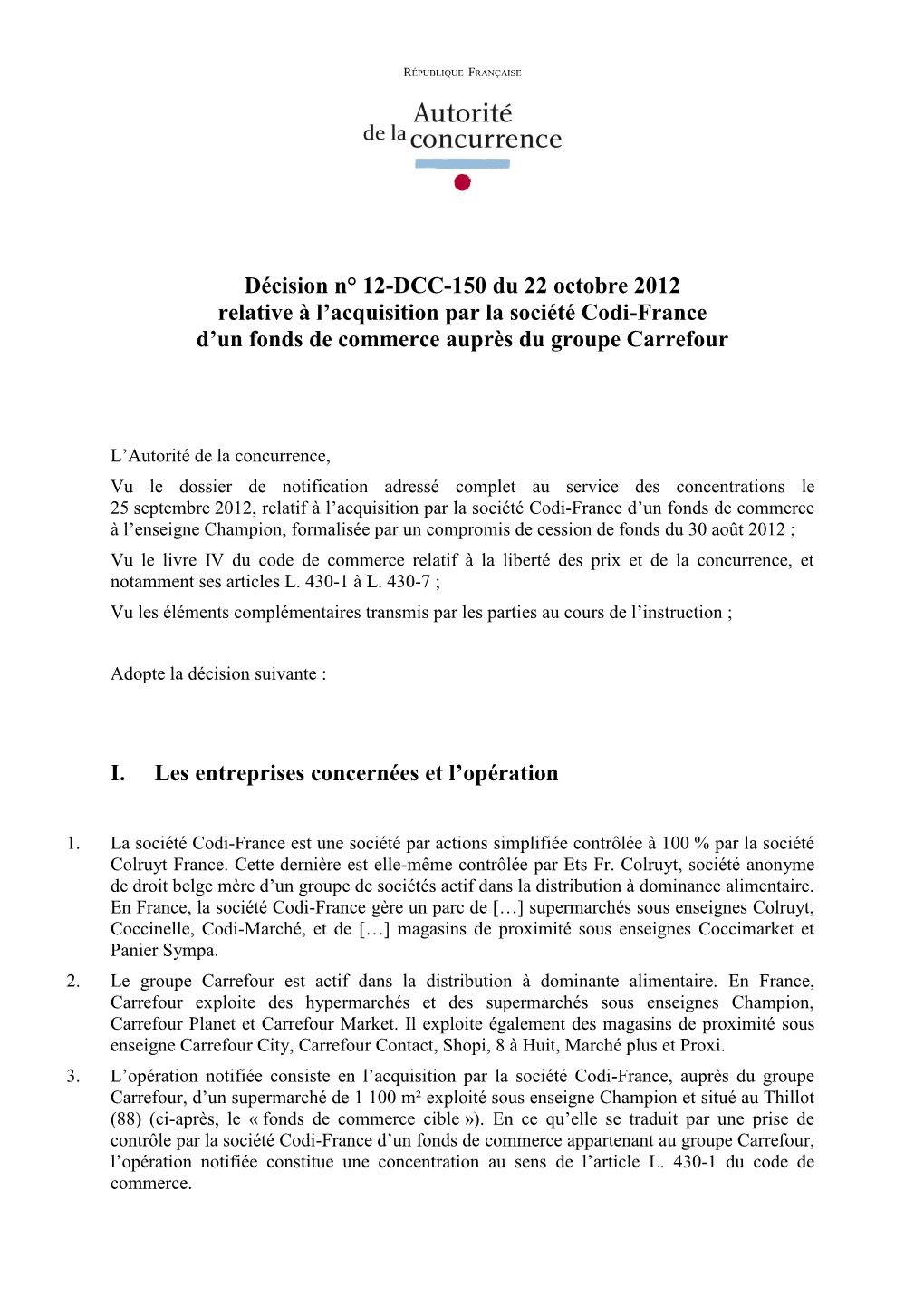 Décision N° 12-DCC-150 Du 22 Octobre 2012 Relative À L'acquisition