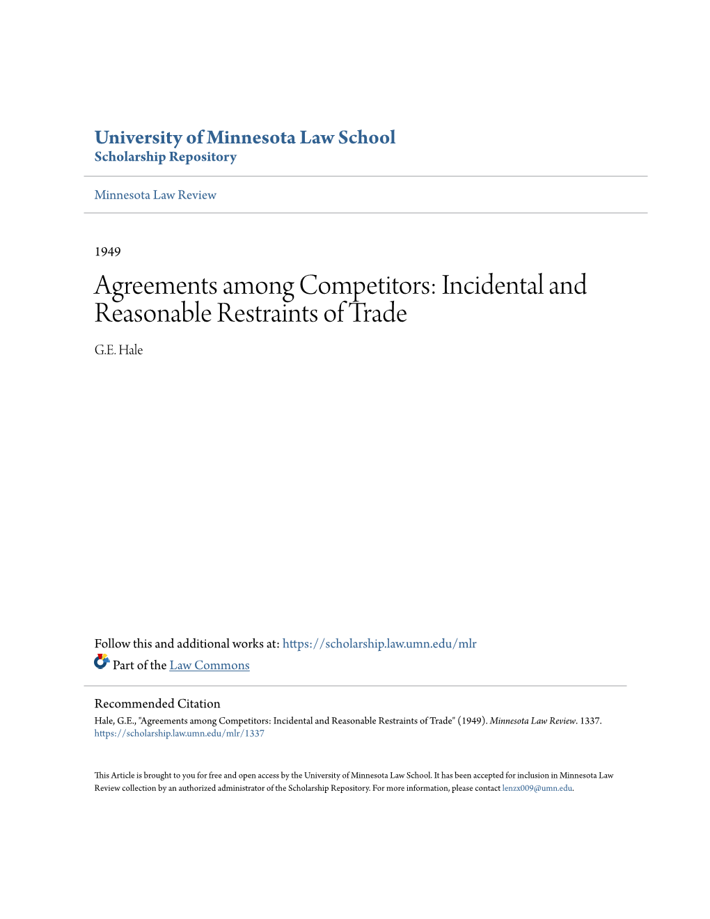 Agreements Among Competitors: Incidental and Reasonable Restraints of Trade G.E