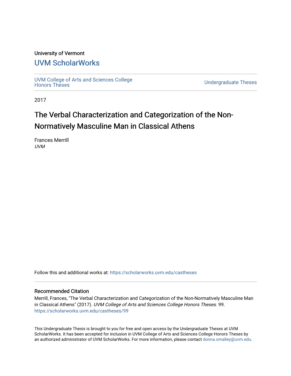 The Verbal Characterization and Categorization of the Non-Normatively Masculine Man in Classical Athens